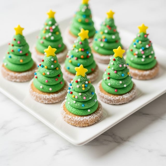 The image shows a white rectangular plate holding several small dessert cookies. Each cookie has a round, light brown base with a dusting of white powdered sugar around the edges. On top of each cookie is a green, cone-shaped layer resembling a Christmas tree, decorated with small, colorful round sprinkles scattered all over. At the peak of each green cone is a small, bright yellow star-shaped candy. The plate sits on a white marbled surface, creating a clean and festive look. photo taken with an iphone --ar 4:5 --v 7