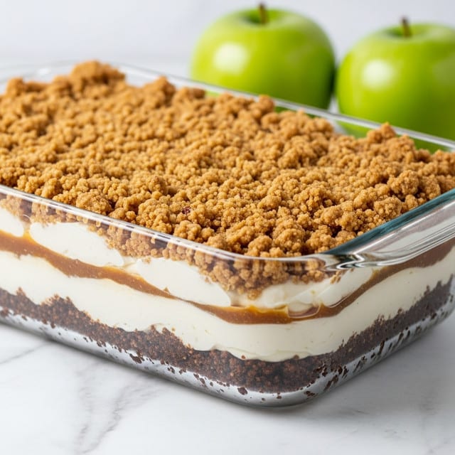 The image shows a glass rectangular dish with a dessert having multiple layers. The bottom layer is a crumbly dark brown crust, followed by a thick white creamy layer above it. On top of the creamy layer is a thin sticky caramel-looking layer, and the top is covered with a thick crumble topping that is golden brown and textured with small bits of nuts or crumbs. The dish is placed on a white marbled surface with two green apples in the background. photo taken with an iphone --ar 4:5 --v 7