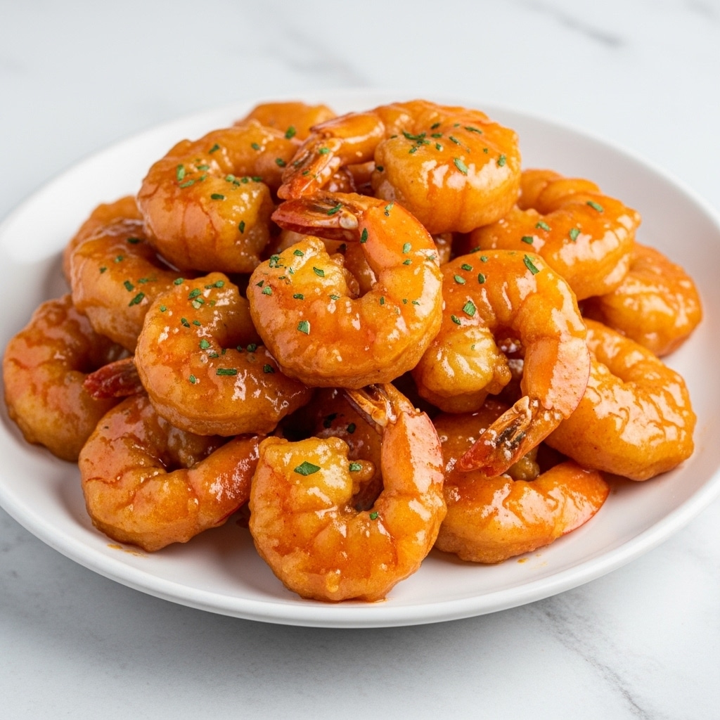 A white plate filled with a pile of fried shrimp coated in a shiny orange sauce, each shrimp showing a crispy texture under the sauce, scattered with small green herb flakes for garnish. The shrimp are stacked closely together, covering most of the plate, which sits on a white marbled textured surface. Photo taken with an iphone --ar 4:5 --v 7