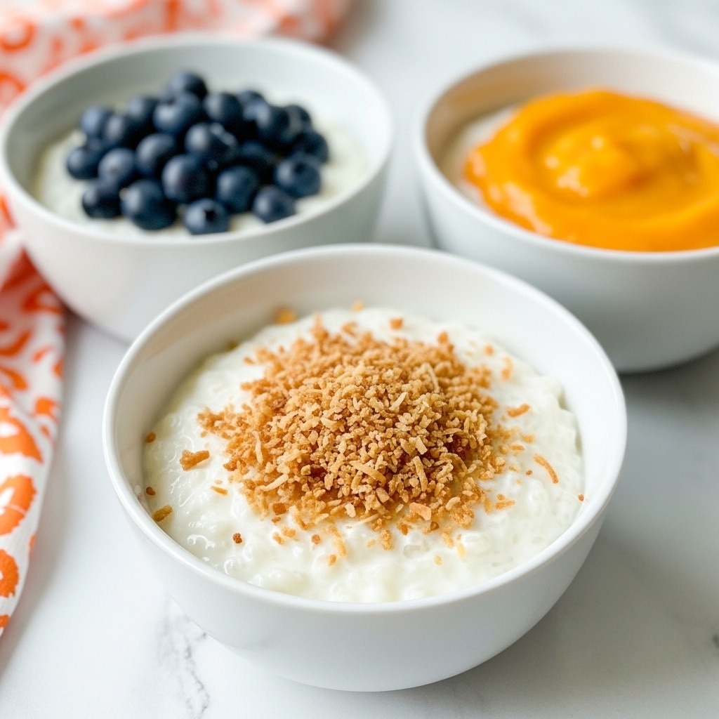 Three white bowls sit on a white marbled surface, each filled with creamy white rice pudding. The closest bowl has a generous layer of finely grated golden brown toasted coconut sprinkled over the pudding. Behind it, another bowl is topped with a small pile of plump, dark blue blueberries, creating a contrast with the white pudding. The third bowl, in the back, has a thick spread of orange mango puree on top, adding a bright pop of color. A patterned orange and white cloth lies to the side, adding a soft touch to the scene. Photo taken with an iphone --ar 4:5 --v 7