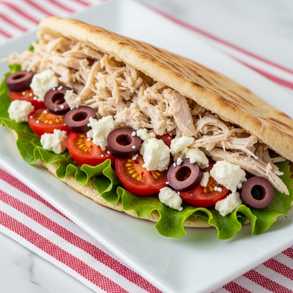 A close-up of a pita sandwich placed diagonally on a white rectangular plate, filled with layered ingredients that include bright green leafy lettuce at the bottom, topped with sliced dark purple olives and halved red cherry tomatoes, with crumbled white feta cheese scattered throughout, and shredded light beige chicken filling the top part beneath the folded pita bread which is tan with a textured, slightly toasted surface; the plate rests on a red and white striped cloth over a white marbled surface, photo taken with an iphone --ar 4:5 --v 7