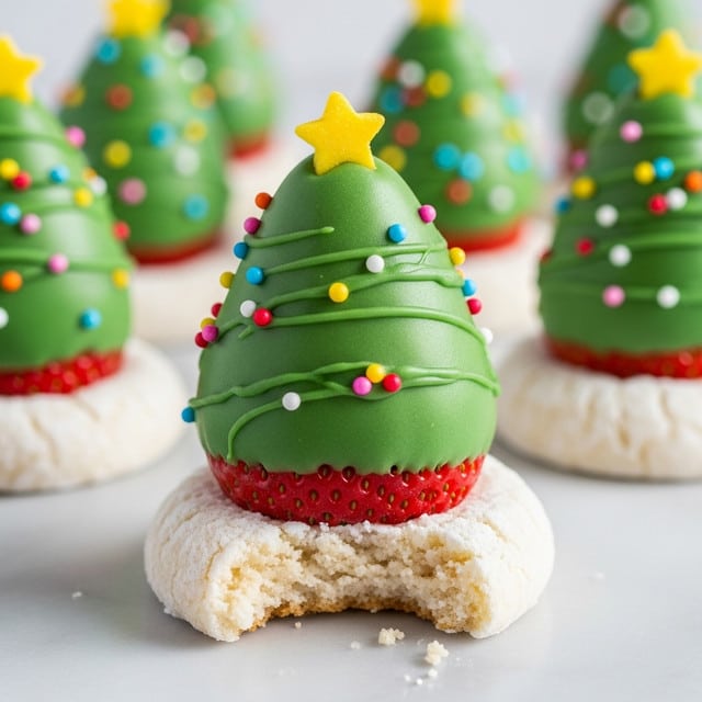 The image shows a close-up of a festive treat shaped like a Christmas tree, made from a fresh red strawberry covered in a smooth green coating decorated with small colorful round sprinkles. On top of the green coating, there is a small yellow star-shaped candy. The strawberry sits on a white powdery cookie base, which has a rough texture and a visible bite taken out of the front, revealing its crumbly interior. In the blurred background, more of these strawberry Christmas trees sit in a row on a white marbled surface. photo taken with an iphone --ar 4:5 --v 7