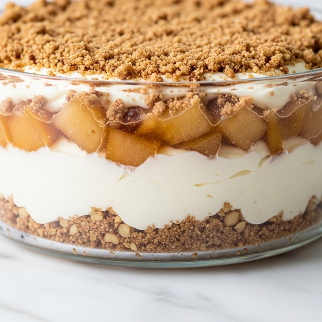 The image shows a close-up of a layered dessert in a clear glass dish on a white marbled surface. The bottom layer is a crumbly, golden-brown crust mixed with small nut pieces. Above this is a thick, creamy white layer that looks smooth and soft. On top of that, there is a chunky fruit layer with light brown and tan pieces that appear juicy and coated in syrup. The dessert is finished with a thick, coarse topping made of crushed nuts and crumbs. Photo taken with an iphone --ar 4:5 --v 7