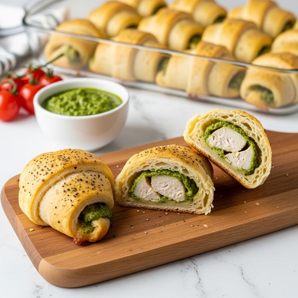 The image shows a wooden board on a white marbled texture, with three baked crescent rolls, one whole and two cut open to show their filling. The crescent rolls have a golden-brown, flaky crust sprinkled with black pepper, and inside they reveal layers of white chicken breast and green pesto sauce, creating a contrast of colors and textures. Next to the rolls, there is a small white bowl filled with green pesto sauce, and in the background, a few bright red cherry tomatoes add a pop of color. Behind the board, a glass baking dish holds more crescent rolls in a neat row, all with the same golden crust. The whole setting is bright and simple, focusing attention on the flaky rolls and vibrant filling. photo taken with an iphone --ar 4:5 --v 7