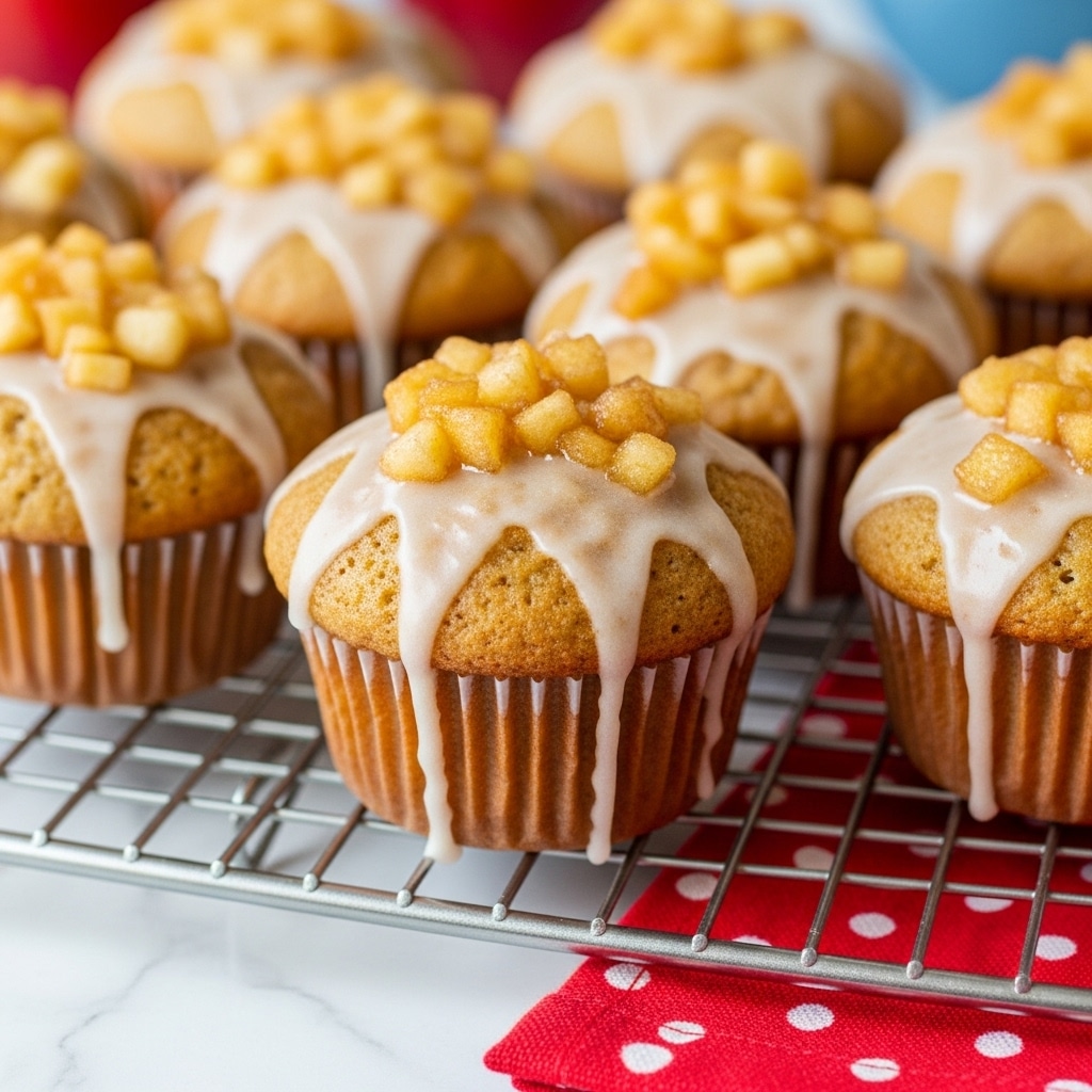 The image shows several golden brown muffins with a moist texture topped with a thick, glossy glaze that drips down the sides. On each muffin, there is a layer of small, translucent apple pieces mixed in the glaze that adds a shiny, slightly chunky look to the top. The muffins are placed closely together on a silver wire cooling rack, set on a white marbled surface with a red cloth with white polka dots under one edge. The background is softly blurred with hints of red and blue colors. Photo taken with an iphone --ar 4:5 --v 7