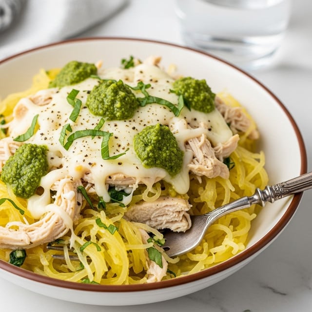 A close-up view of a white bowl with a brown rim filled with a spaghetti squash dish layered with light yellow cooked squash strands, white shredded chicken, melted white cheese drizzled on top, and dollops of green pesto sauce scattered throughout. The dish is garnished with small pieces of fresh green herbs. A fork with a vintage silver handle is partially inserted into the food inside the bowl. A clear glass of water is seen in the blurry background on a white marbled surface. photo taken with an iphone --ar 4:5 --v 7