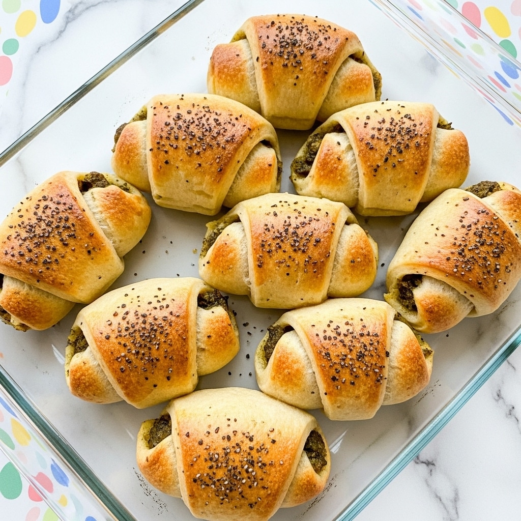 The image shows seven crescent rolls baked in a clear rectangular glass dish. Each roll is golden-brown with a slightly crispy texture on the outside, sprinkled evenly with black pepper or herbs. The rolls are arranged close to each other, and some of the filling is slightly visible at the edges, showing a dark, savory inside. The glass dish is on top of a white marbled textured surface with colorful pastel patterns around the edges. photo taken with an iphone --ar 4:5 --v 7
