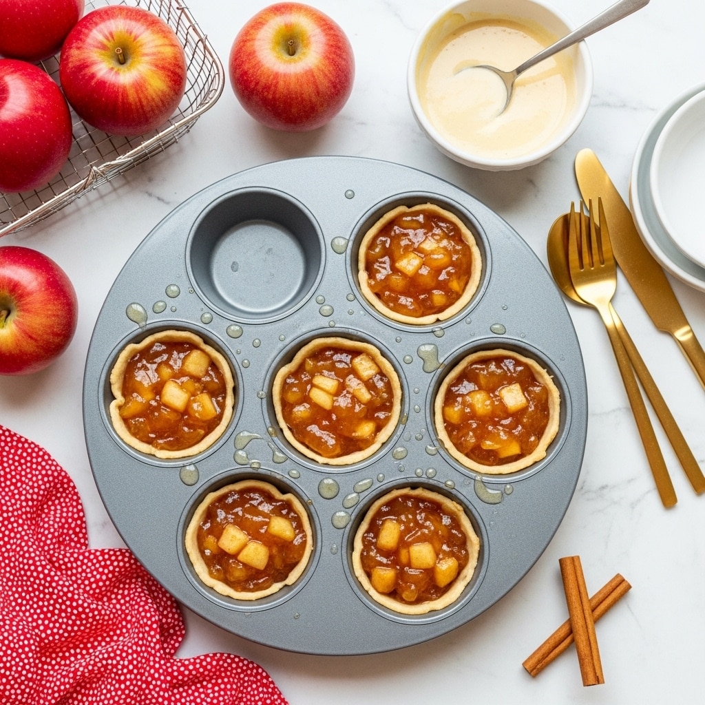 A gray muffin pan filled with five cups of a translucent, shiny apple mixture that looks chunky and syrupy, each cup showing small pieces of soft cooked apple in a glossy amber gel; four other cups are empty but have light drops of liquid and oil shining on their surface. To the top left, there are three red apples and a silver wire basket with apples, and a white bowl with a metal spoon holding a light cream sauce. To the right, there is a set of gold cutlery lying on the white marbled texture, with two cinnamon sticks near the bottom right corner. A red cloth with white dots is partly visible at the bottom left, photo taken with an iphone --ar 4:5 --v 7