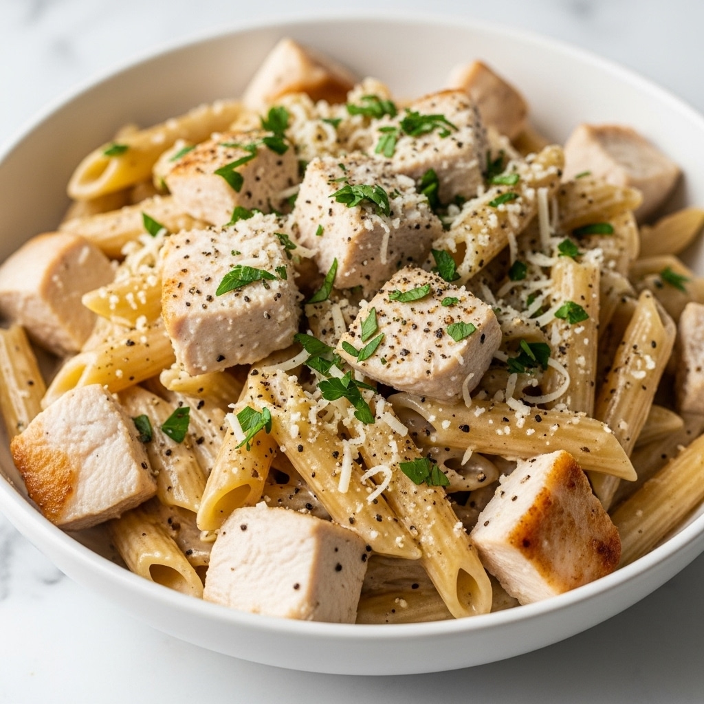 A close-up view of creamy chicken pasta served in a white bowl on a white marbled surface, showing about two layers of food. The base layer has light brown penne pasta coated in a smooth, glossy beige sauce. Scattered throughout are chunks of white cooked chicken breast with a slightly browned, tender texture. The top layer is sprinkled with finely grated white cheese and bright green chopped parsley, along with small black pepper specks adding contrast. The overall look is warm and inviting, with a mix of soft and textured elements. Photo taken with an iphone --ar 4:5 --v 7