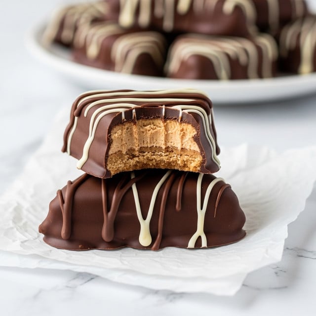 The image shows two triangle-shaped chocolate-covered treats stacked on white crinkled paper over a white marbled surface. The top treat is decorated with thin white drizzle lines and has a bite taken from it, revealing three inner layers: a bottom light brown crumbly layer, a middle thicker creamy light brown layer, and a thin dark chocolate coating covering the outside. The bottom treat has light brown chocolate drizzle with the same shape and dark chocolate coating. In the background, a white plate holds more similar treats, slightly out of focus. Photo taken with an iphone --ar 4:5 --v 7