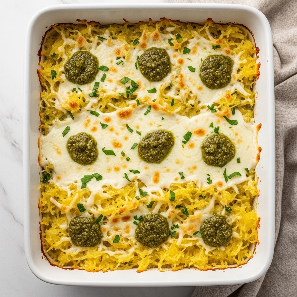 A white rectangular baking dish filled with a baked casserole showing three main layers: the bottom layer looks like shredded light yellow spaghetti squash, the middle layer is melted white cheese spread unevenly, and the top layer has dollops of green pesto and small sprinkles of chopped green herbs scattered over the surface. The texture is a mix of soft melted cheese and chunky squash strands, creating a creamy yet slightly coarse appearance. The dish sits on a white marbled surface with part of a beige cloth napkin visible at the top right corner. photo taken with an iphone --ar 4:5 --v 7