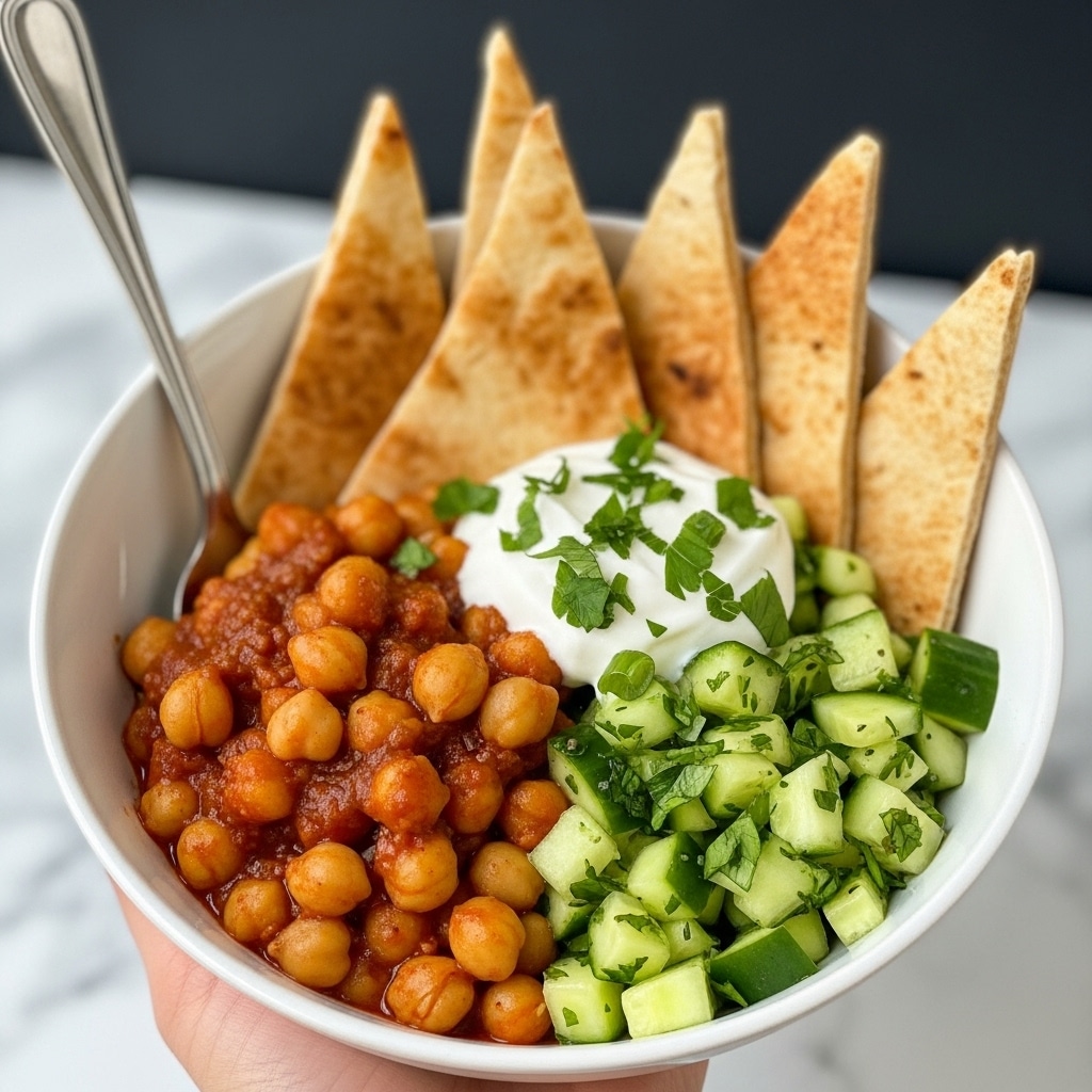 A white bowl filled with three main layers and pita chips. The bottom left layer has cooked chickpeas in a rich red-brown sauce, showing a soft and saucy texture. The bottom right layer is fresh, light green chopped cucumber mixed with small bits of herbs, topped with a dollop of white yogurt and more green chopped herbs sprinkled on top. At the back, several triangular pieces of golden brown pita bread are standing upright. A silver spoon is placed inside the bowl resting on the chickpeas. The bowl is held by a woman's hand against a dark blurred background with a white marbled surface visible. Photo taken with an iphone --ar 4:5 --v 7