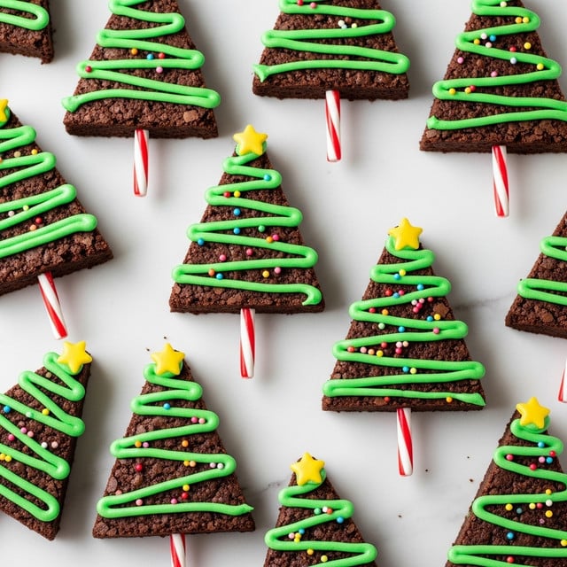 The image shows multiple triangular brownie pieces arranged flat on a white marbled textured surface, each shaped like a Christmas tree. Each brownie piece has two layers: a dark brown base with a rough, chewy texture, topped with bright green swirled frosting in a zigzag pattern to mimic tree branches. The green frosting is decorated with small, colorful round sprinkles scattered across, and some brownies have a small yellow star at the top made of icing or candy. A red and white striped candy cane stick is inserted at the bottom point of each triangle, resembling a tree trunk. photo taken with an iphone --ar 4:5 --v 7