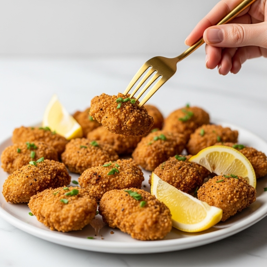 A close-up image shows a white plate filled with golden brown, crispy fried chicken pieces scattered across the plate. Each piece has a crunchy texture with small green herb bits sprinkled on top. There are several lemon wedges placed around the chicken for garnish. A woman's hand holding a gold fork is lifting one piece of the fried chicken, making it the focus with the rest of the dish softly blurred in the background. The plate sits on a white marbled surface. photo taken with an iphone --ar 4:5 --v 7