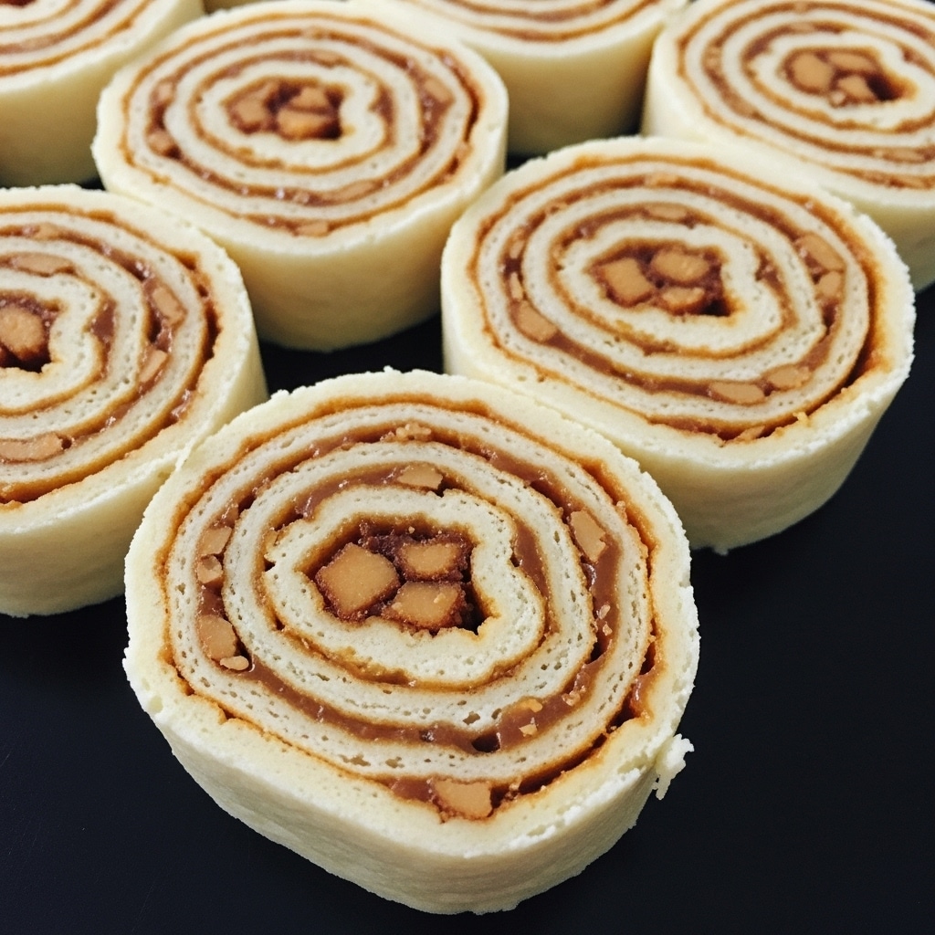 The image shows close-up views of several pieces of rolled pastry arranged on a black surface, each roll having multiple thin layers. The outer layer is light beige and soft, while inside, a golden caramel-like sauce is swirled evenly across the layers. Small chunks of a darker brown ingredient are scattered inside the rolls, giving texture and contrast. The rolls are cut into thick slices, showing the spiral of layers filled with glossy caramel and bits of the darker pieces. The background has a smooth black look that makes the light rolls stand out. photo taken with an iphone --ar 4:5 --v 7