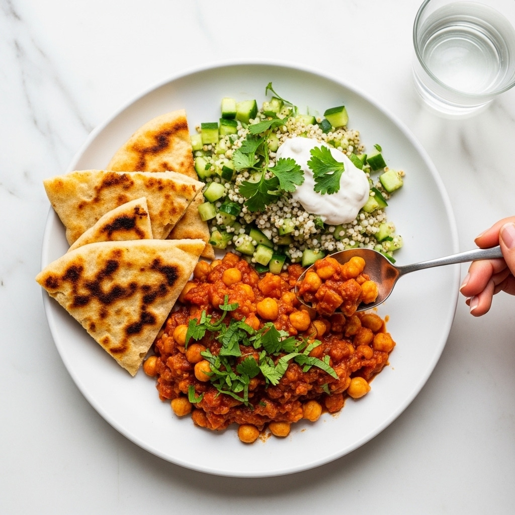 A white round plate on a white marbled texture holds a colorful meal. On one side, there are three triangular pieces of toasted flatbread with a golden-brown color. Next to the flatbread, there is a thick stew made of chickpeas and diced vegetables in a reddish-brown sauce, topped with chopped fresh green herbs. Beside the stew, there is a mixture of finely chopped green cucumbers and small white grains, garnished with more fresh green herbs. A dollop of white creamy sauce sits on top of the cucumber mixture and herbs. A woman's hand holds a silver spoon scooping some stew. A clear glass of water is in the top right corner. photo taken with an iphone --ar 4:5 --v 7