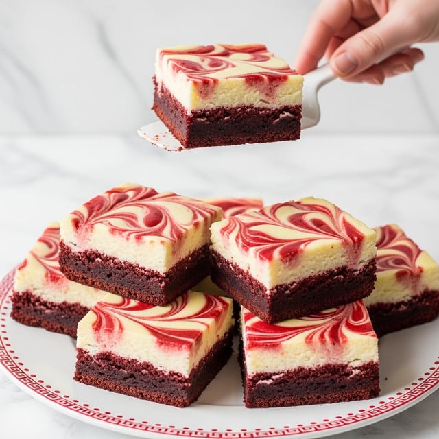 The image shows a stack of rich, red velvet brownies with a smooth, creamy white layer of cheesecake swirled on top. Each brownie is cut into a square shape, with a thick, dark red base layer and a creamy white top layer that has artistic red swirls creating a marbled effect. The brownies are placed on a white plate with a red decorative pattern along the edge, and one brownie is being held slightly above the plate by a woman's hand using a white spatula. The background is a white marbled surface, adding a clean and bright look to the picture. photo taken with an iphone --ar 4:5 --v 7