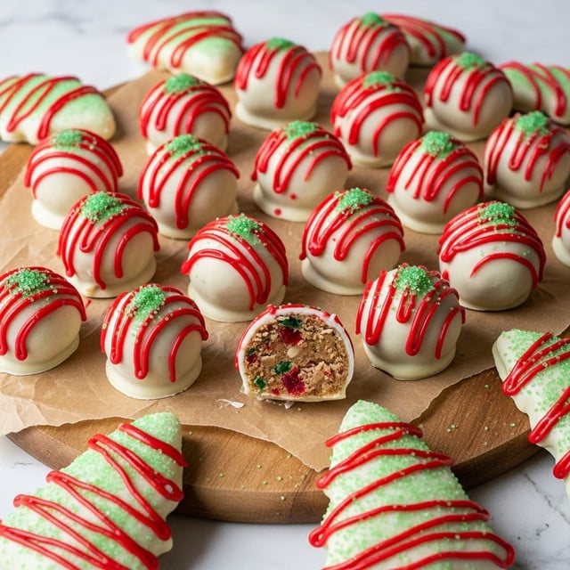The image shows many small round treats covered with a smooth white coating, each decorated with bright red drizzle and small green sugar crystals on top. There are about twenty of these balls spread out on brown paper, which rests on a wooden board. One of the balls is split open, showing a dense interior with bits of red and green inside. Around the board, there are large flat pieces shaped like Christmas trees also covered in white with red stripes and green sprinkles. The whole scene is set on a white marbled surface. photo taken with an iphone --ar 4:5 --v 7