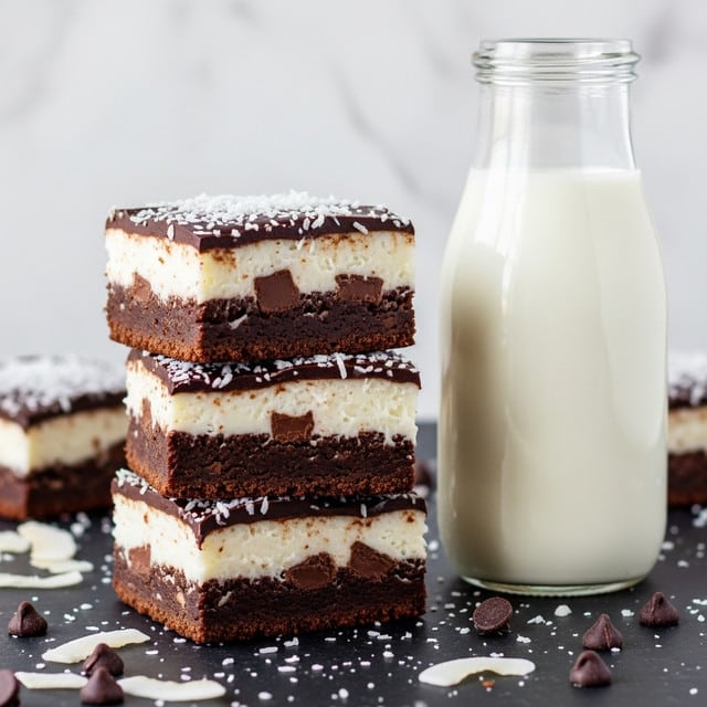 The image shows a stack of three layered dessert squares, each with three distinct layers. The bottom layer is a dark brown, dense chocolate brownie with a rough texture and visible chocolate chunks. The middle layer is thick, creamy, and white, looking like a smooth coconut filling. The top layer is a glossy, dark chocolate ganache sprinkled generously with fine white coconut flakes. The squares are placed on a dark surface with scattered coconut flakes and some chocolate chips around them. A tall glass bottle filled with milk sits next to the stack, contrasting with the white marbled texture background. Photo taken with an iphone --ar 4:5 --v 7