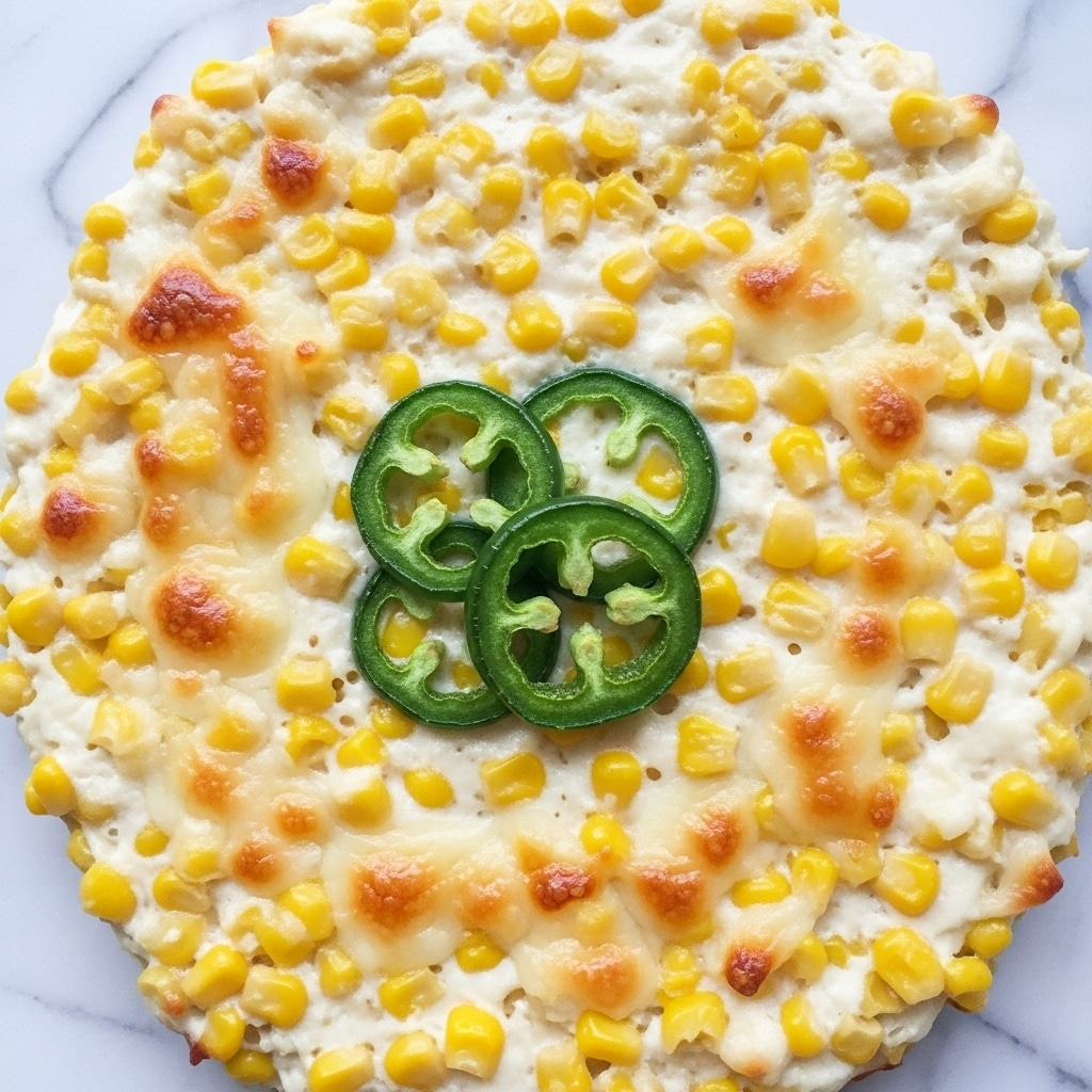 A close-up view of a creamy dish with two main layers: a thick white sauce base mixed with yellow corn kernels scattered evenly throughout, topped with a few slices of shiny green jalapeños in the center. The surface shows some light golden brown spots where the cheese or sauce has been baked, giving it a slightly toasted look. The texture looks soft and rich with little pockets of melted cheese and corn while the jalapeños add a glossy contrast in the middle. The entire dish is laid out on a white marbled surface. photo taken with an iphone --ar 4:5 --v 7