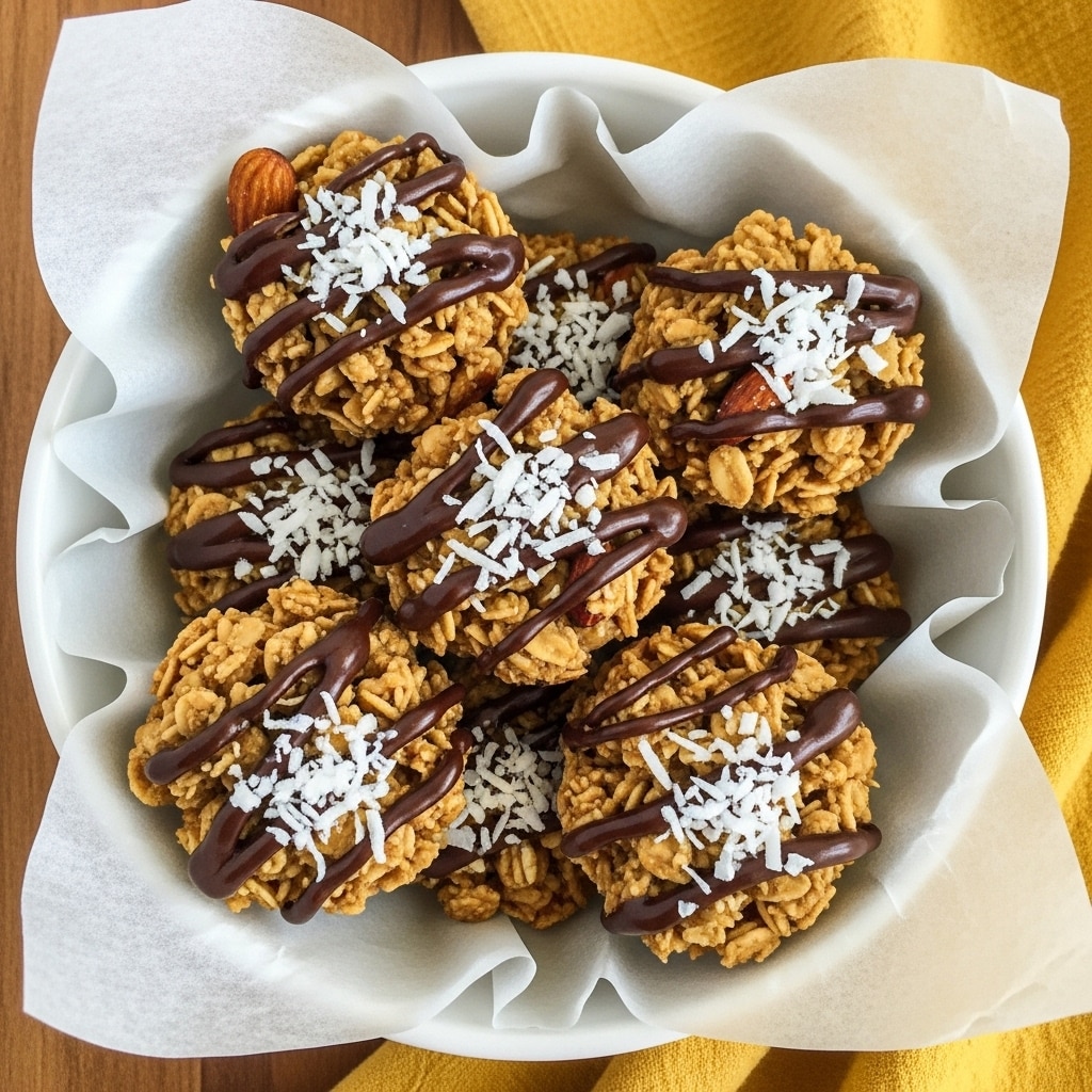 The image shows a small white bowl lined with white parchment paper, filled with several irregularly shaped clusters of golden brown granola. Each cluster has a rough texture with visible whole almonds and oats. The granola clusters are drizzled with dark brown chocolate, creating thin stripes crossing over the top, and sprinkled with shredded white coconut flakes for contrast. The bowl rests on a wooden surface next to a mustard yellow cloth. photo taken with an iphone --ar 4:5 --v 7