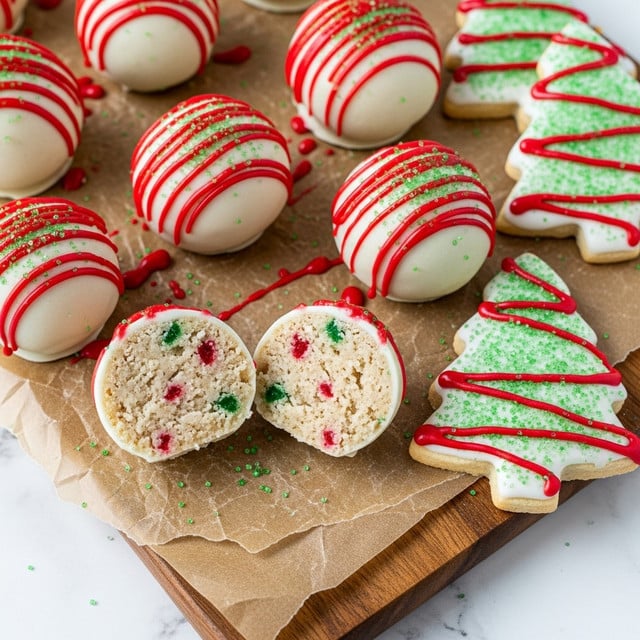 The image shows several round, white-coated balls that are drizzled with bright red lines and sprinkled with small green sugar crystals, arranged on a brown parchment paper over a wooden board. Two of the balls are cut in half, revealing a grainy cream-colored inside with small red and green bits. On the right side, there are white tree-shaped cookies with diagonal red stripes and green sugar sprinkles on top. The scene has a white marbled-textured surface partly visible under the board. photo taken with an iphone --ar 4:5 --v 7