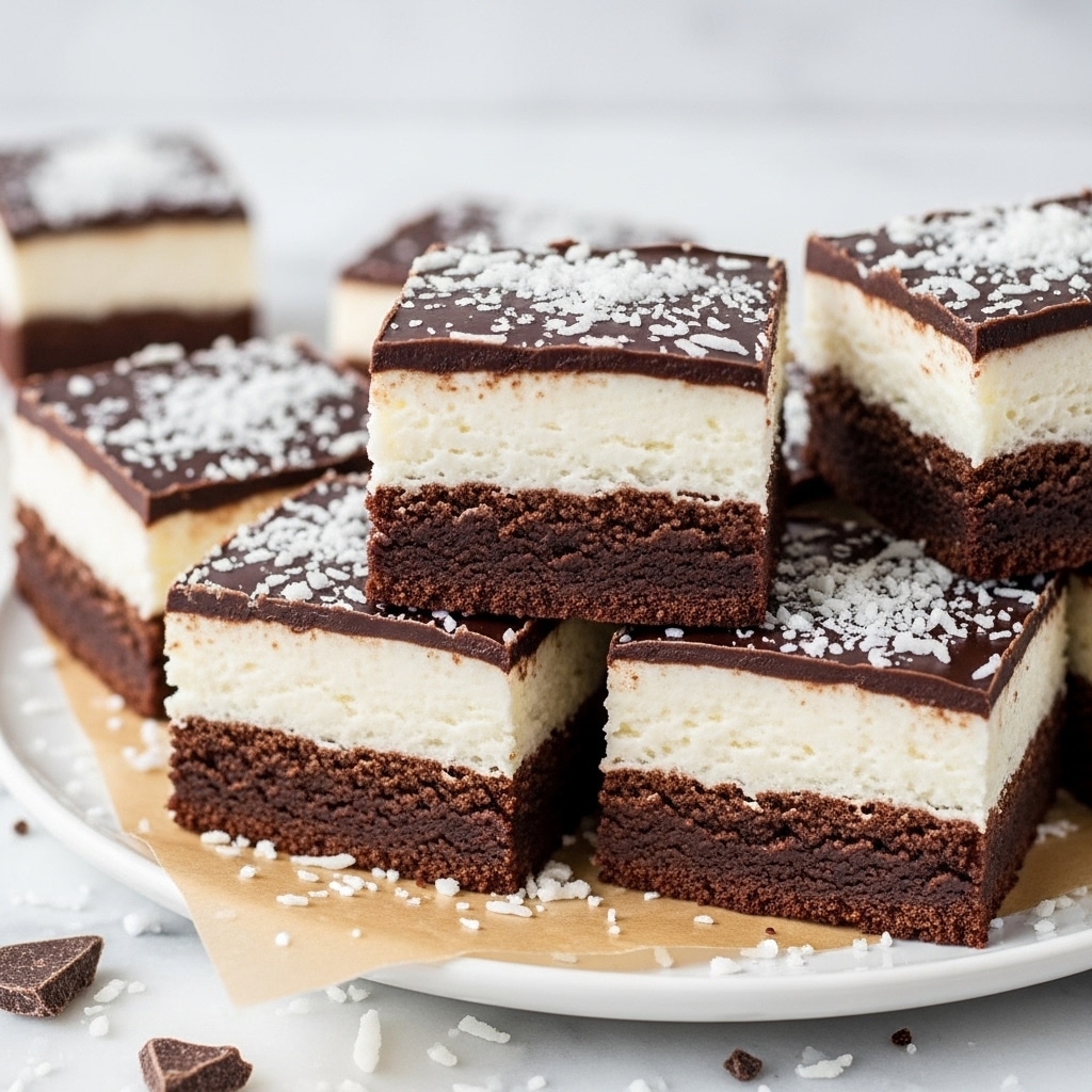 The image shows several square dessert bars stacked on a white plate with brown parchment paper underneath. Each bar has three layers: a dark brown chocolate base with a moist texture, a thick middle layer of white creamy coconut filling, and a top layer of glossy dark chocolate sprinkled with white shredded coconut. The bars are neatly cut, and some shredded coconut and chocolate pieces are scattered on the parchment and the white marbled surface in the background. photo taken with an iphone --ar 4:5 --v 7