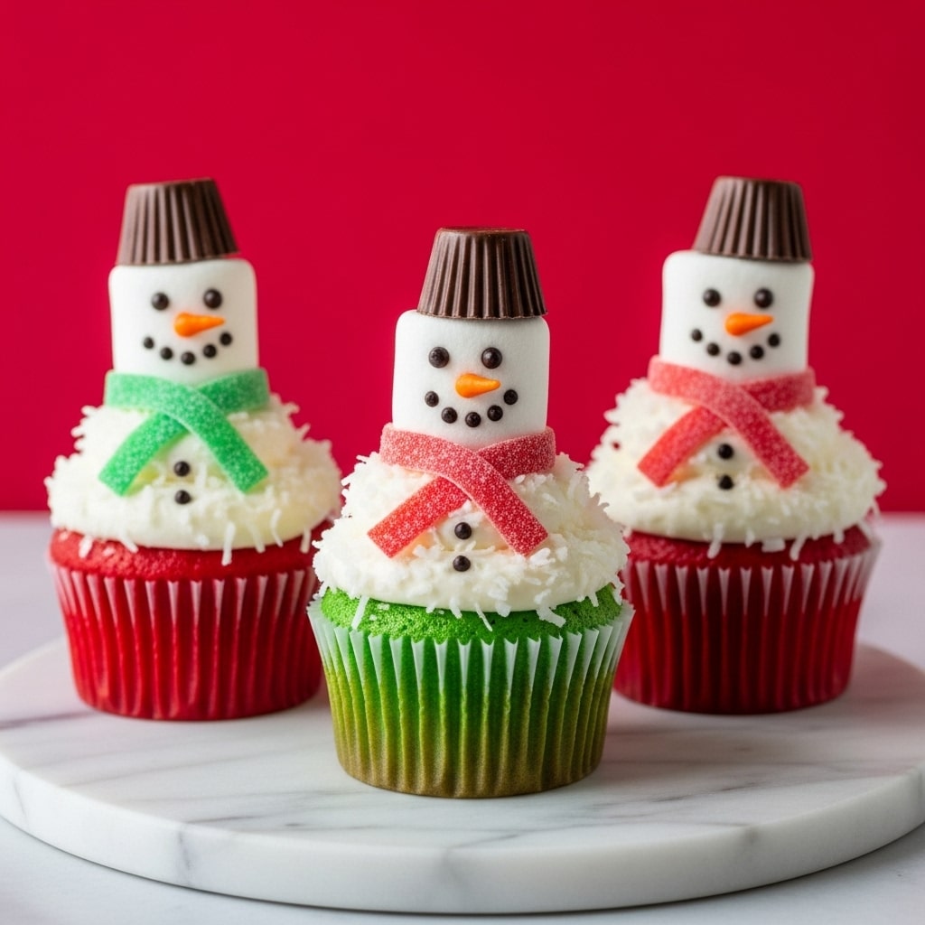Three cupcakes sit side by side on a white marbled surface with a red background. Each cupcake is in a ridged wrapper— two red ones on the sides and a green one in the middle. The top layer features a fluffy white frosting covered with shredded coconut that looks like snow. On top of each cupcake is a marshmallow decorated as a snowman head, with black eyes made of small dots and an orange carrot-shaped nose. Each snowman wears a scarf made from a colored candy strip—green on the left and right cupcakes and red on the middle one—and has a small chocolate cup upside down as a hat. The whole setup looks playful and festive. photo taken with an iphone --ar 4:5 --v 7