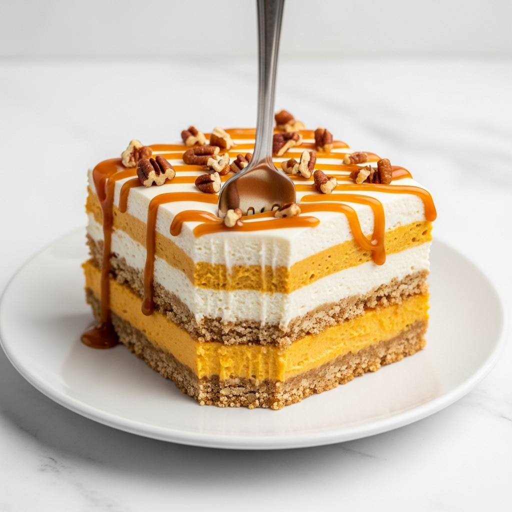 A square slice of layered dessert is shown on a white plate, placed on a white marbled surface. The dessert has five visible layers: at the bottom, a light brown crumbly layer, followed by a smooth orange layer, then a thin light brown crumbly layer, a thick white creamy layer, another orange layer, and topped with a thick white creamy layer. The top is decorated with drizzled caramel sauce and chopped pecans scattered all over. A silver fork is stuck into the top layer, pressing down slightly on the white cream. photo taken with an iphone --ar 4:5 --v 7