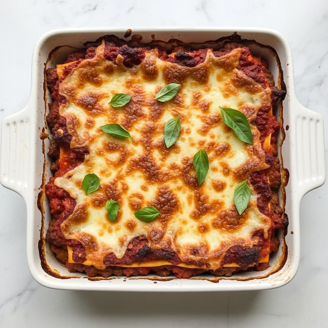 The image shows a square white ceramic baking dish filled with baked lasagna. The top layer is melted cheese that is golden brown and bubbly, with slightly burnt spots around the edges. Beneath the cheese, there are visible layers of rich red tomato sauce and bits of browned meat. Fresh green basil leaves are scattered on top, adding a pop of color. The dish is placed on a white marbled surface, with cheese slightly overflowing on the sides of the dish. photo taken with an iphone --ar 4:5 --v 7