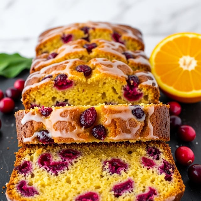 The image shows several slices of a moist, yellow cake with bright red cranberries scattered throughout each slice. The cake has a soft texture with visible crumbs and bits of cranberry embedded inside. A light, glossy glaze is drizzled on top of the cake slices, giving it a slightly shiny finish. The slices are stacked closely together on a dark surface, with a few whole cranberries and half an orange placed nearby for decoration. The background has a white marbled texture. photo taken with an iphone --ar 4:5 --v 7
