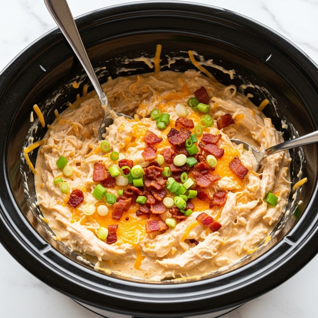 A close-up image of a black slow cooker filled with a creamy mixture that has a thick texture, showing visible shredded chicken in white and light beige shades mixed with soft orange shredded cheese. The dish is topped with chopped green onion pieces and small crispy bacon bits in reddish brown scattered all over. Two silver spoons are partly stuck in the mixture, lifting some of it, with the slow cooker inside edges showing some smears of the creamy contents. The whole setup is on a white marbled surface. photo taken with an iphone --ar 4:5 --v 7