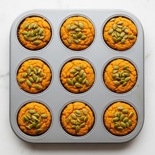 A metal muffin tin holds nine bright orange muffins, each filled evenly and topped with scattered light green pumpkin seeds. The muffins have a slightly rough texture with golden brown edges, showing they are well baked. Three compartments in the tin are empty, and the tin rests on a white marbled surface. photo taken with an iphone --ar 4:5 --v 7