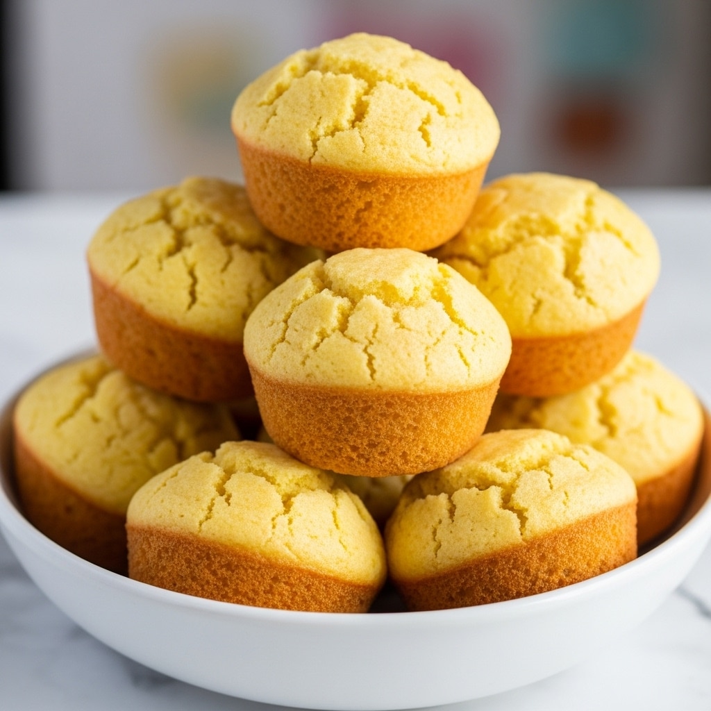 A stack of eight golden-yellow cornbread muffins with a soft, slightly crumbly texture is arranged closely together inside a white bowl. The muffins show small cracks on the top, indicating a light and airy inside. The bowl sits on a surface with a white marbled texture, and the background is softly blurred with muted colors, keeping the focus on the muffins. photo taken with an iphone --ar 4:5 --v 7