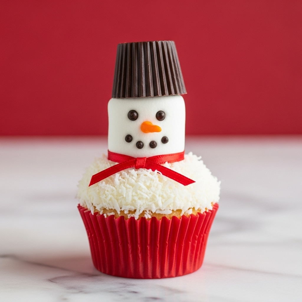 A single cupcake in a red wrapper sits on a white marbled surface with a red background. The cupcake is topped with a thick layer of white shredded coconut that looks fluffy. Above the coconut, a large white marshmallow forms the snowman's head, decorated with two small black candy eyes and an orange candy nose. A red ribbon tied like a scarf wraps around the marshmallow's base. A dark brown chocolate cup rests upside down on top of the marshmallow, acting as the snowman’s hat. Photo taken with an iphone --ar 4:5 --v 7