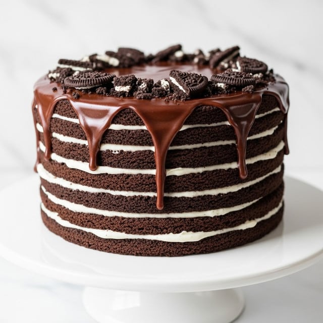 A seven-layer cake made by stacking chocolate cookie discs, each layer separated by thin white cream. The cake is topped with thick, shiny dark chocolate glaze that drips slightly over the edges, with crushed Oreo cookie pieces sprinkled on top. The cake sits on a white cake stand against a white marbled surface. photo taken with an iphone --ar 4:5 --v 7