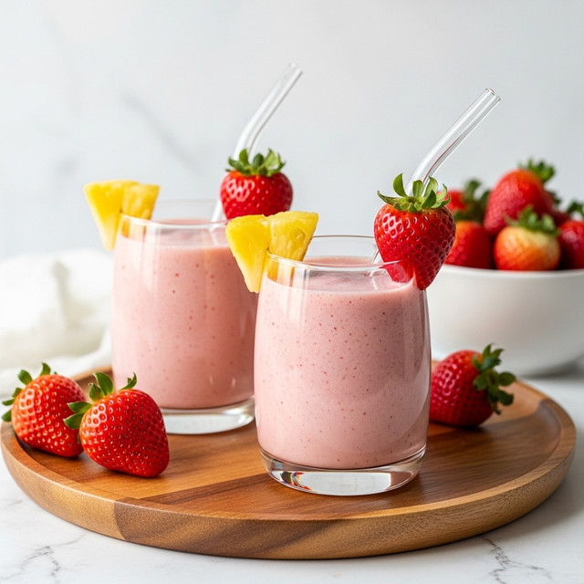 Two clear glasses filled with a smooth, light pink strawberry smoothie sit on a round wooden tray. Each glass is topped with a fresh, whole red strawberry and a small chunk of pale yellow pineapple placed on the rim. Slightly bent clear glass straws stand upright in both drinks. Nearby on the tray are a couple of whole strawberries, while in the background a white bowl is filled with more red strawberries. The scene rests on a white marbled texture surface with a soft, bright background. photo taken with an iphone --ar 4:5 --v 7