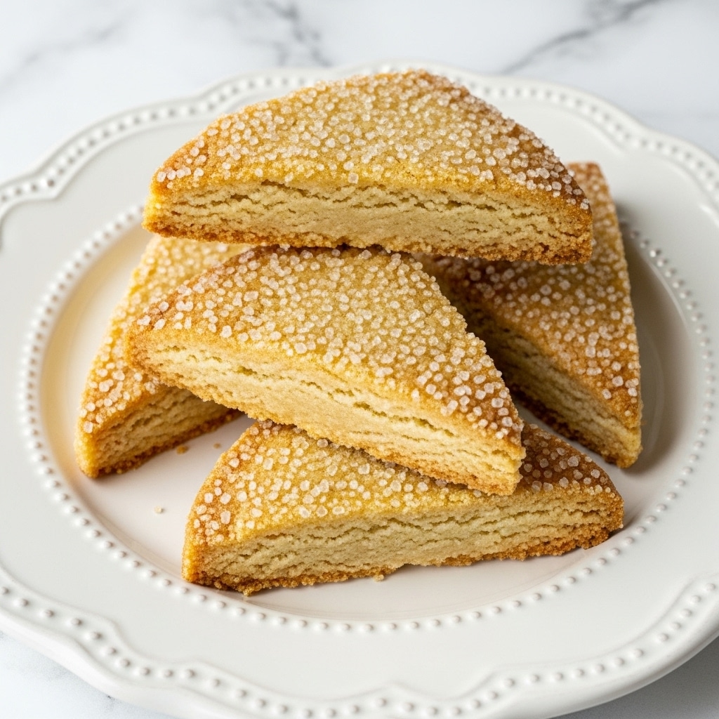 Four triangular shortbread cookies with a golden-brown, slightly crumbly texture are stacked on a white plate with a detailed edge. Each cookie has visible coarse sugar crystals sprinkled on top, giving a sparkly effect. The cookies show a light browning along the edges and have a soft, buttery look. The plate sits on a white marbled texture. photo taken with an iphone --ar 4:5 --v 7
