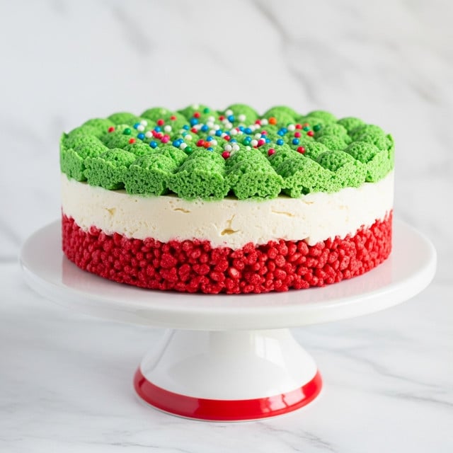 The image shows a three-layered round cake on a white cake stand with a red rim at the base. The bottom layer is red and has a crunchy texture, the middle layer is smooth and white, and the top layer is green with a bumpy texture, sprinkled with small multicolored round sprinkles. The background is a white marbled texture. Photo taken with an iphone --ar 4:5 --v 7