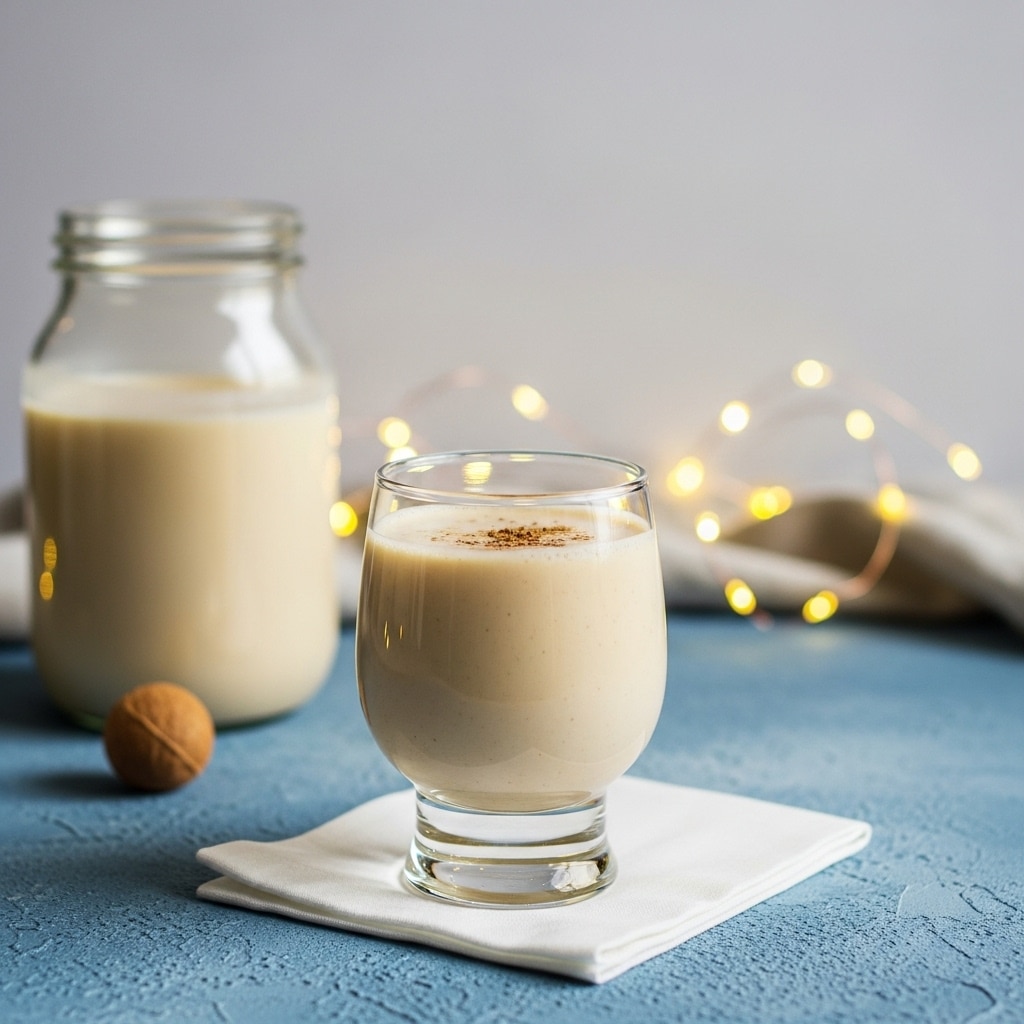 A clear glass with a short stem is filled almost to the top with a creamy, light beige drink, with a light sprinkle of spices on the surface. The glass sits on a white napkin placed on a blue textured surface. In the background, there is a large clear jar partially filled with the same creamy drink and a single round spice next to it. Soft, warm yellow fairy lights are blurred in the background along with a light cloth. The background is a plain light gray wall. Photo taken with an iphone --ar 4:5 --v 7