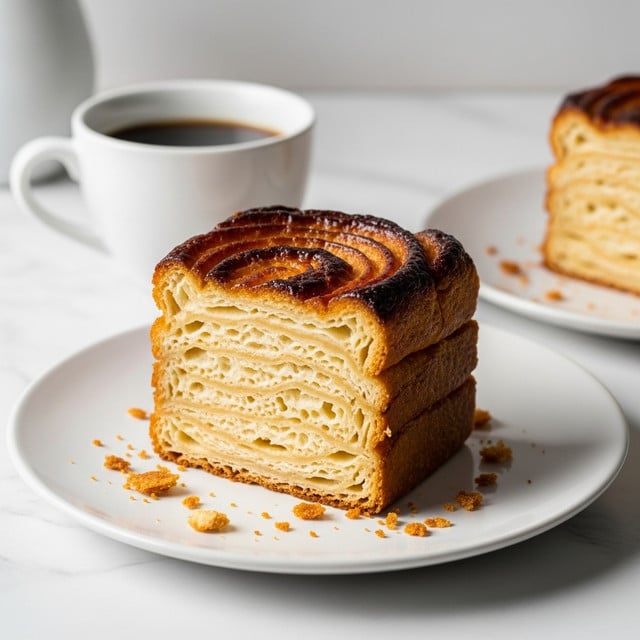 A single slice of layered pastry with a golden-brown, crispy top layer showing dark caramelized patches sits on a white plate. The slice reveals multiple light beige, fluffy, and soft layers inside with a slightly shiny texture, indicating a buttery dough. Scattered crumbs surround the slice on the plate. In the background, there is a white cup filled with dark coffee and part of another white plate holding a similar pastry piece. All items rest on a white marbled surface with soft natural lighting casting gentle shadows. photo taken with an iphone --ar 4:5 --v 7