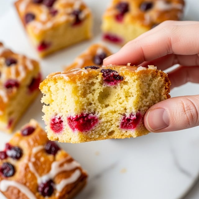 A close-up image shows a woman's hand tearing apart a square piece of soft, moist cake with a crumbly texture. The cake is pale yellow with bright red berry pieces scattered inside and a shiny glaze on top. The edges of the cake look slightly browned, showing it was baked to a light golden crust. In the background, more pieces of the same cake can be seen lying on a white marbled surface. photo taken with an iphone --ar 4:5 --v 7