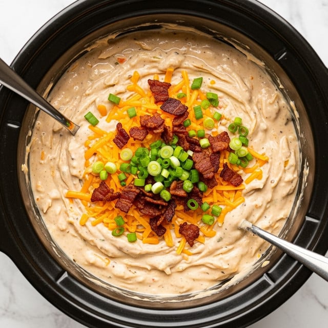 A crockpot filled with a creamy chicken mixture that has a soft, thick texture in light beige color, mixed with shredded orange cheese, chopped crispy dark brown bacon bits, and small bright green chopped scallions scattered on top, with two silver spoons partially inserted into the mixture, set against a white marbled texture surface. photo taken with an iphone --ar 4:5 --v 7