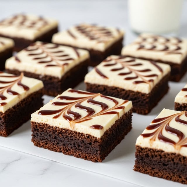 The image shows several square brownies placed on white parchment paper over a white marbled surface. Each brownie has one thick dark brown base layer that looks moist and dense. On top is a lighter cream-colored frosting layer, swirled with a darker brown sauce in a zigzag pattern forming a leaf-like design. The brownies are arranged in neat rows, with the closest brownie in clear focus and the others fading softly into the background. In the blurred background, there is a tall glass of milk without any color seen except white. photo taken with an iphone --ar 4:5 --v 7