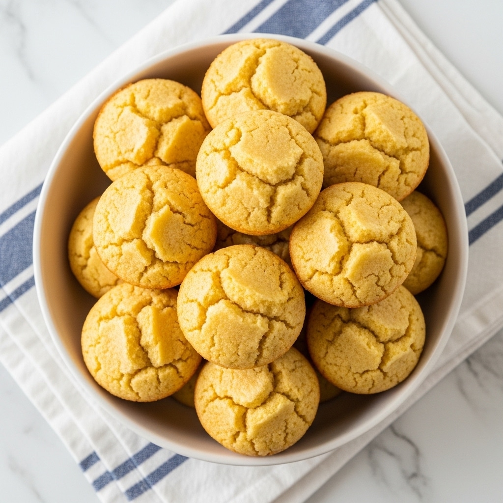 A white bowl filled with about twelve small, round corn muffins, stacked in a loose pile. Each muffin has a golden-yellow color with slightly cracked tops and a soft, slightly rough texture. The bowl sits on a white cloth with blue stripes, all placed on a white marbled textured surface. photo taken with an iphone --ar 4:5 --v 7