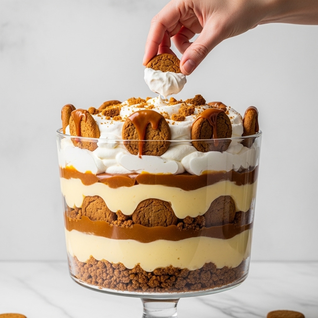 A clear glass trifle bowl holds a dessert with six visible layers, set on a white marbled texture. The bottom layer is crushed brown gingerbread cookies, rough and chunky. Above this is a thick, smooth yellow pudding layer. The third layer is a shiny, rich caramel sauce spreading evenly. Next is a fluffy white cream layer, light and airy. Standing upright inside this cream layer are whole gingerbread cookies, brown with a slightly rough texture, partially covered with caramel. The top layer is thick whipped cream with more crushed gingerbread cookie pieces scattered on it. A woman's hand is dipping a whole gingerbread cookie with white cream on the bottom into the top layer. Photo taken with an iphone --ar 4:5 --v 7