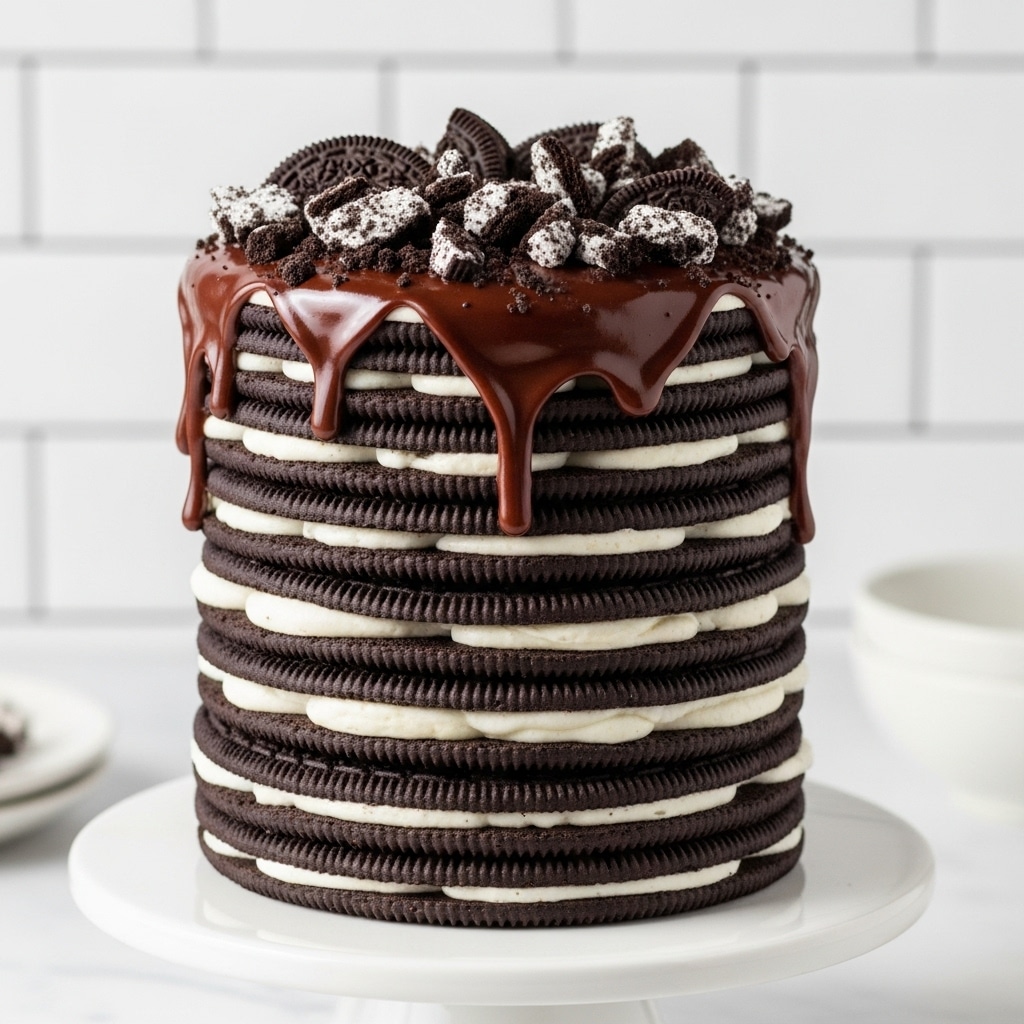 A tall stack of about nine layers of dark chocolate sandwich cookies with white cream filling is arranged on a white cake stand. Between each cookie layer, a thin layer of white cream is visible, adding contrast. The top layer is covered with a thick, glossy dark chocolate ganache that oozes slightly down the sides. On top of the ganache, there is a generous sprinkle of crushed chocolate cookie pieces with white cream bits. The background shows a simple white tiled wall, and the surface beneath the cake stand is a white marbled texture. photo taken with an iphone --ar 4:5 --v 7