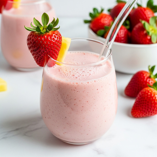 A clear glass filled with a smooth, light pink smoothie, topped with small bubbles on the surface, sits on a white marbled texture. A large bright red strawberry with leaves is placed on the rim of the glass, next to a small piece of light yellow pineapple. A clear glass straw is inserted into the smoothie. In the background, there is another glass with the same pink smoothie and a white bowl filled with red strawberries and green leaves. A few whole strawberries rest on the white marbled texture near the glass. photo taken with an iphone --ar 4:5 --v 7
