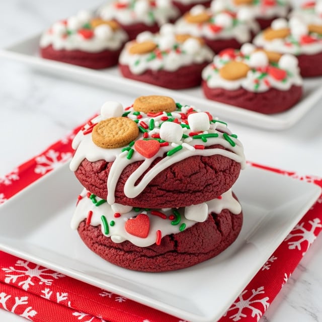 The image shows a stack of two thick red velvet cookies on a white square plate, set on a white marbled surface with a red cloth that has white snowflakes. Each cookie is deep red with a soft texture. The top of both cookies is covered with white icing drizzled over the edges. On top of the icing are small round and heart-shaped cookie pieces, red, green, and white sprinkles, and tiny white marshmallows that add color and texture. In the background, more cookies with similar toppings are arranged on another white plate, slightly blurred. The scene has a festive, holiday feel. photo taken with an iphone --ar 4:5 --v 7
