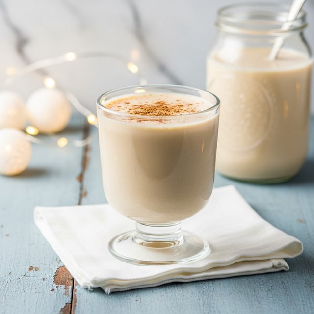 A clear glass with a short stem is filled nearly to the top with a creamy light beige drink that is smooth and slightly frothy, topped with a light sprinkle of brown spice. The glass sits on a white napkin placed on a lightly worn blue surface. In the background, there is a clear glass jar filled partially with the same beige liquid, and some small warm white fairy lights are softly glowing on a white marbled texture. Photo taken with an iphone --ar 4:5 --v 7